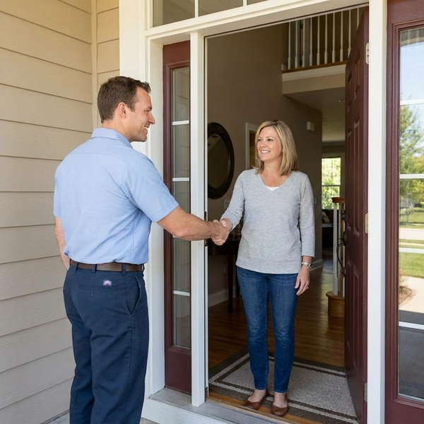 A friendly plumber smiles and shakes hands with a homeowner at their front door