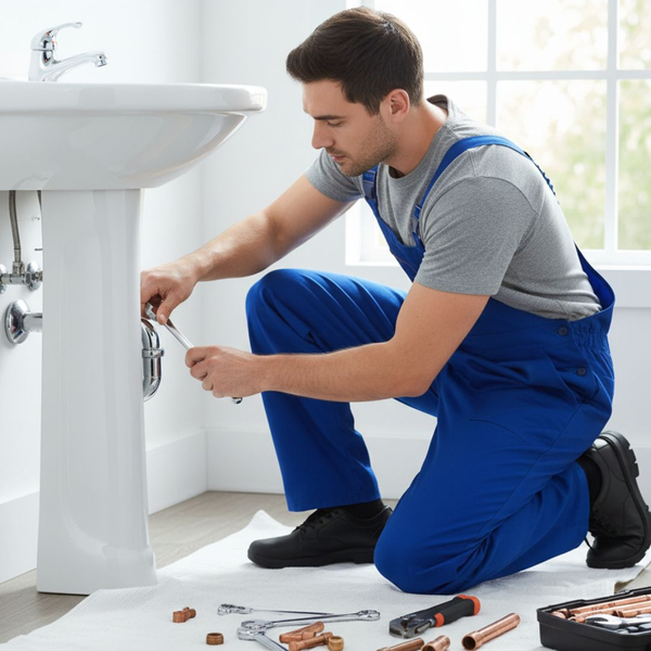 plumber working on sink in home