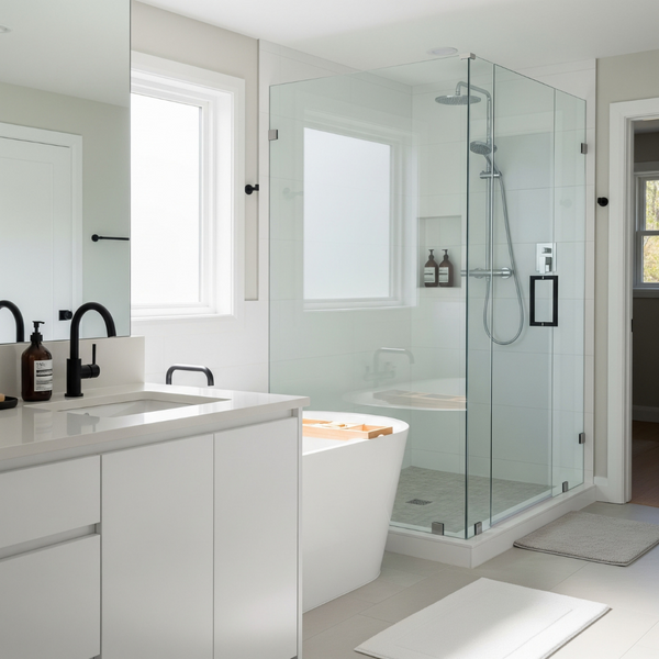 Modern residential bathroom with a clean faucet, representing comprehensive residential plumbing services in Santa Ana.