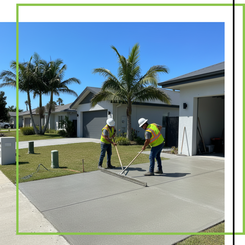 Outdoor shot of two construction workers in hard hats and safety vests smoothing a freshly poured concrete driveway in front of a modern suburban house in Long Beach. Palm trees and other houses are visible in the background under a clear sky.