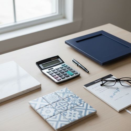A calculator and material swatches, representing smart budgeting for a kitchen makeover.
