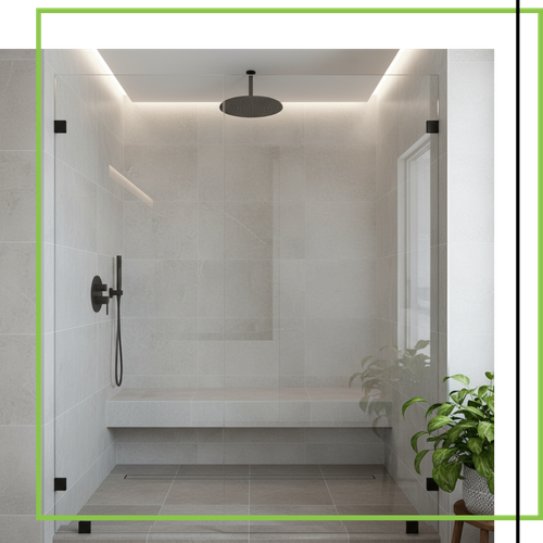 An elegant, spa-like bathroom featuring a freestanding soaking tub, a large glass-enclosed walk-in shower with marble tiles, and a floating wood vanity. An elegant, spa-like bathroom featuring a freestanding soaking tub, a large glass-enclosed walk-in shower with marble tiles, and a floating wood vanity.