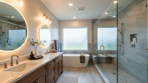 A wide-angle view of a luxurious, fully remodeled modern bathroom with a double vanity, large walk-in shower, and elegant tile work.