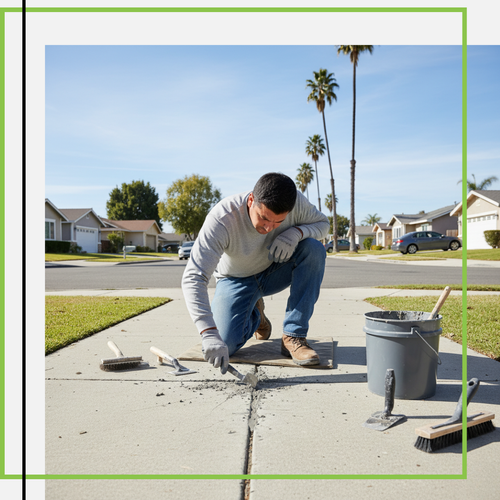 Male worker kneeling and meticulously repairing a significant crack in a concrete sidewalk. Various tools, including a trowel, brushes, and a bucket of repair material, are laid out beside him. In the background, a suburban street with houses and palm tree