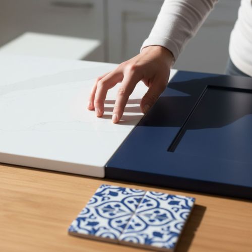 A hand touching samples of kitchen materials, illustrating the selection of the right materials and finishes.