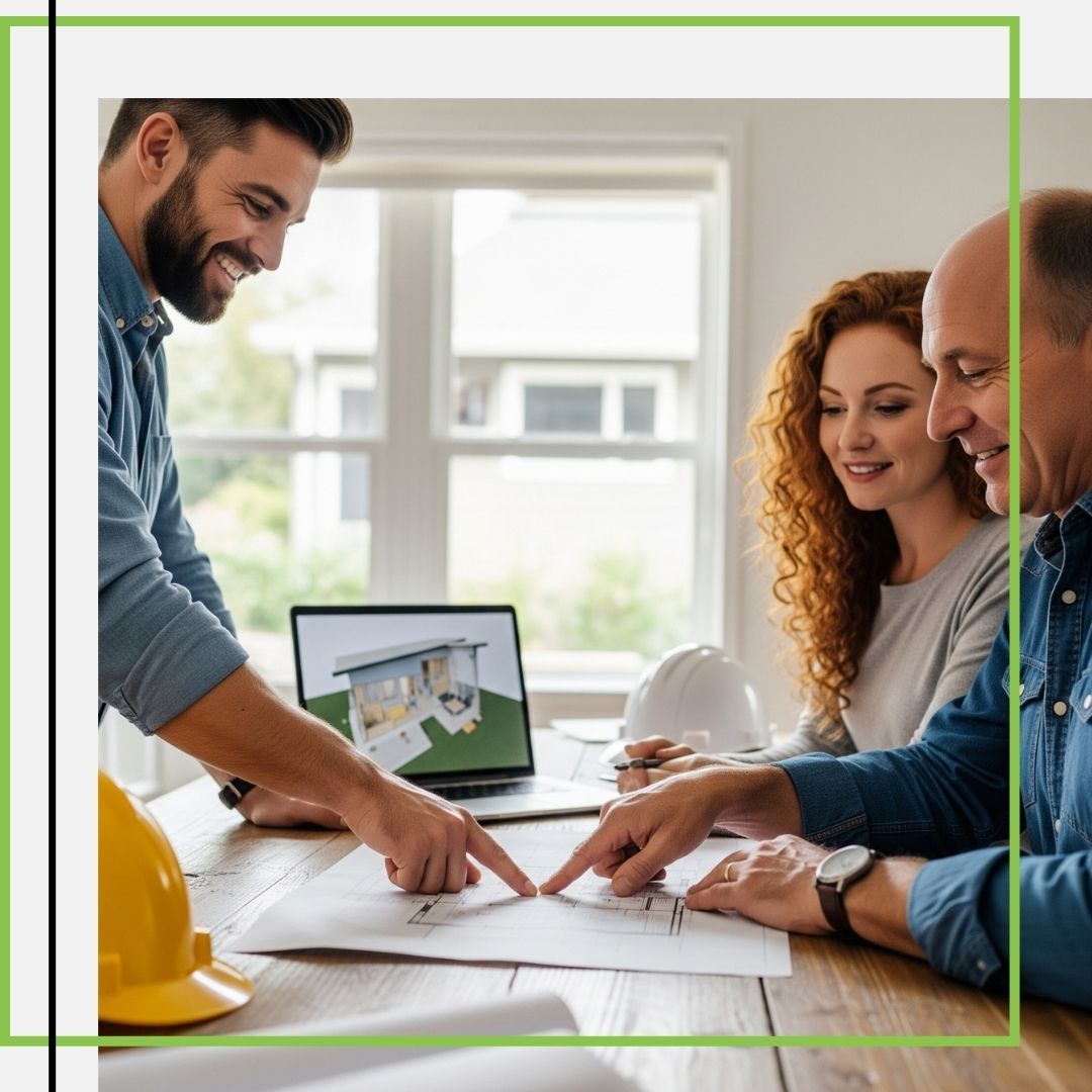 couple designing ADU blueprints with an architect couple designing ADU blueprints with an architect