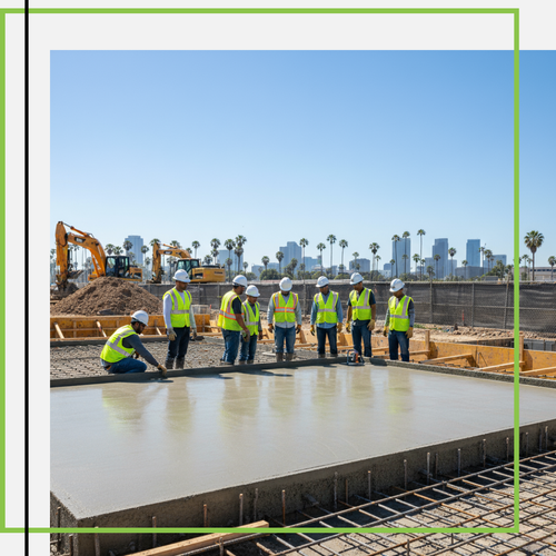 High-angle, eye-level shot of a construction site with a freshly poured concrete foundation slab, still wet and smooth. A team of diverse construction workers in hard hats and safety vests are standing around the perimeter, inspecting the work.