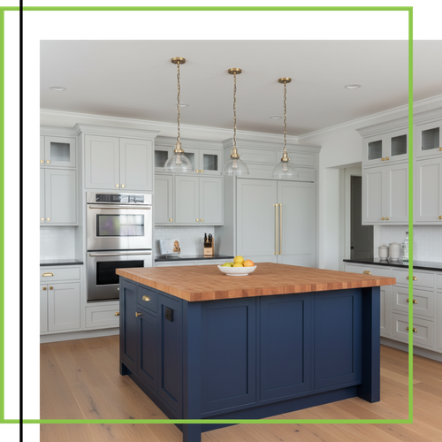 A stunning, modern kitchen remodel featuring a large marble waterfall island, sleek minimalist cabinetry, and integrated high-end appliances. A stunning, modern kitchen remodel featuring a large marble waterfall island, sleek minimalist cabinetry, and integrated high-end appliances.