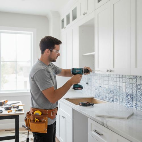 A construction worker installing a kitchen cabinet, showcasing the construction and renovation journey.