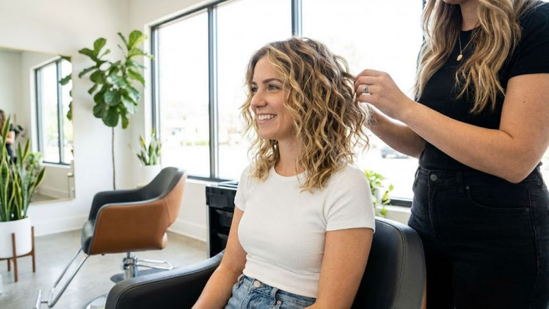 A smiling woman with a modern, beach-wave perm is having her hair styled by a professional hairstylist in a bright salon
