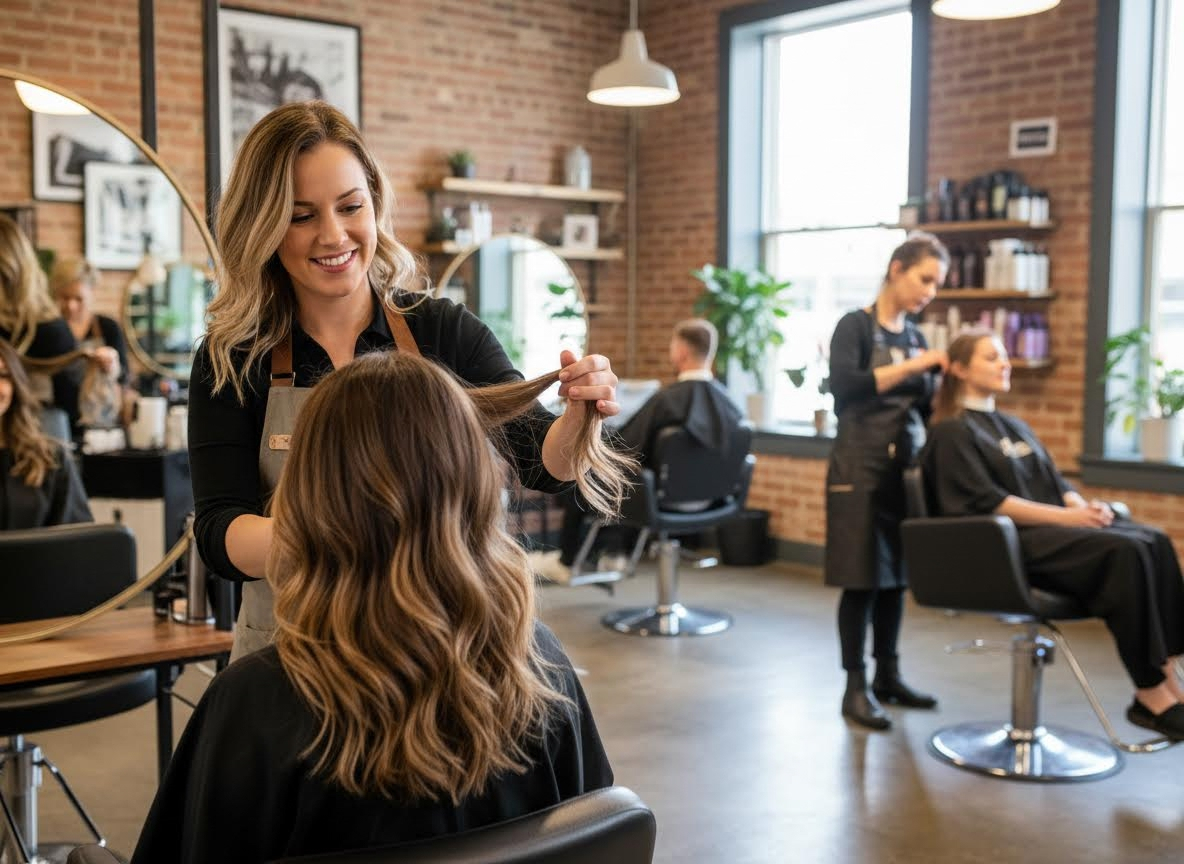 A friendly female hairstylist examining a client's hair in a modern salon