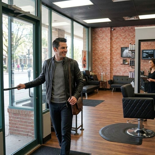 A man walking into a hair salon for his hair appointment.