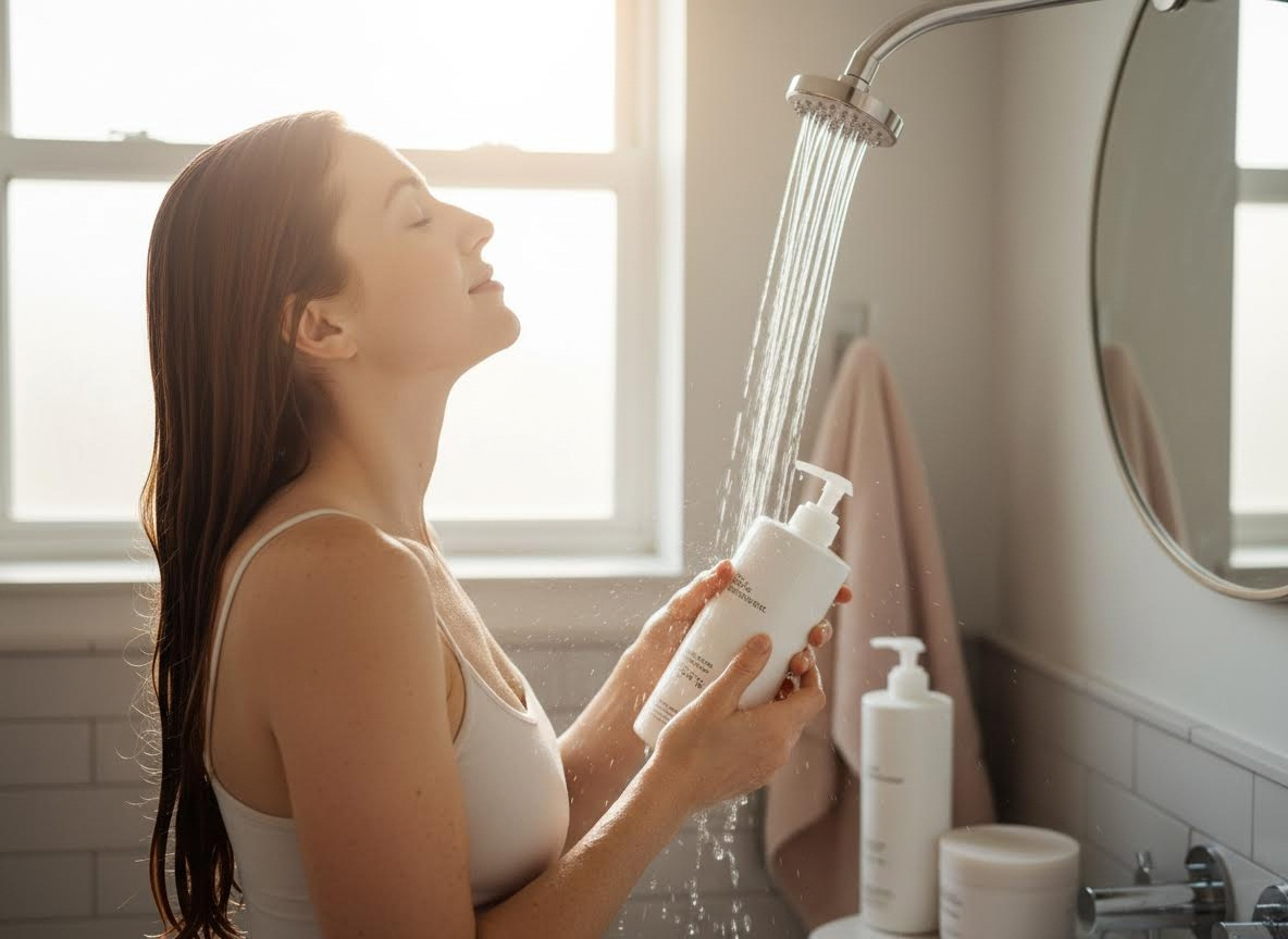 Woman holding product bottle in shower