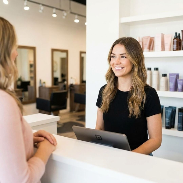A friendly receptionist is smiling and greeting a client at the front desk of a clean, modern hair salon