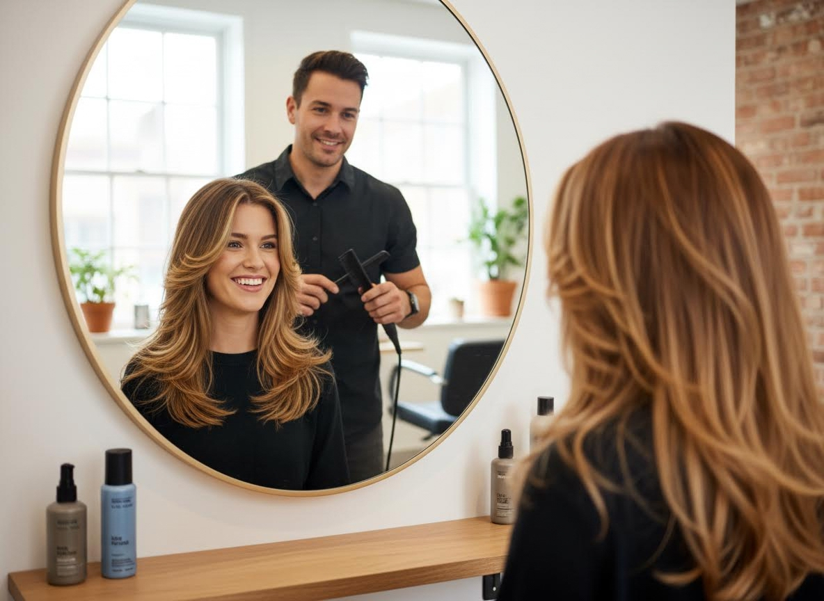 Hairstylist styling a woman's layered hair in a salon