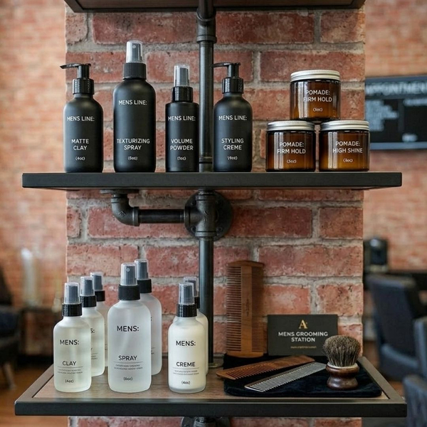 Professional-grade men's hair styling products displayed on a sleek salon shelf.
