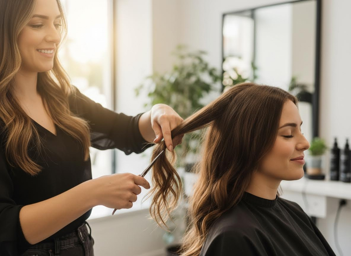 Hairdresser cutting client's hair in a salon