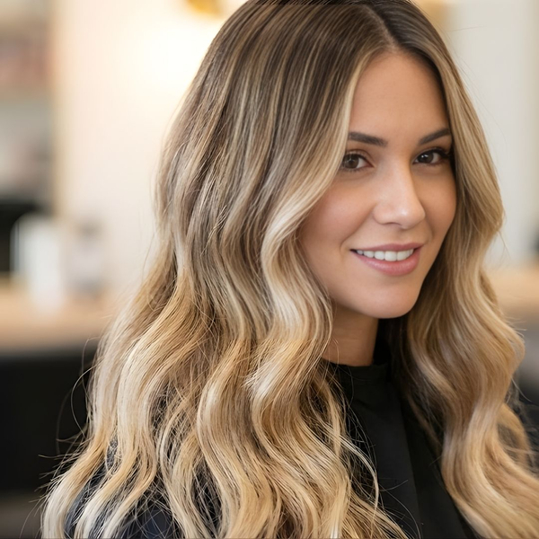 A woman with long, wavy hair showcasing a low-maintenance balayage style with natural-looking darker roots transitioning to lighter ends
