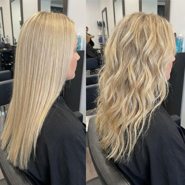 A side-by-side comparison showing a woman with straight blonde hair before a perm on the left, and the same woman with tousled beach waves after the perm on the right