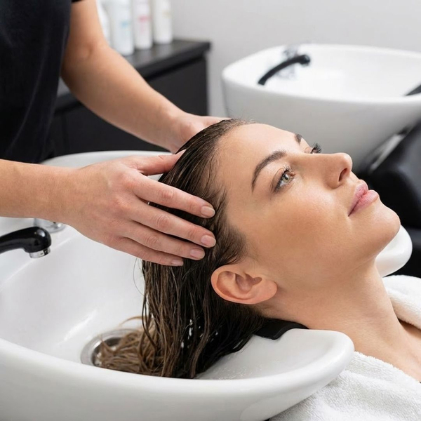 a therapist's hands performing a Japanese head massage on a client's wet hair at a salon shampoo bowl