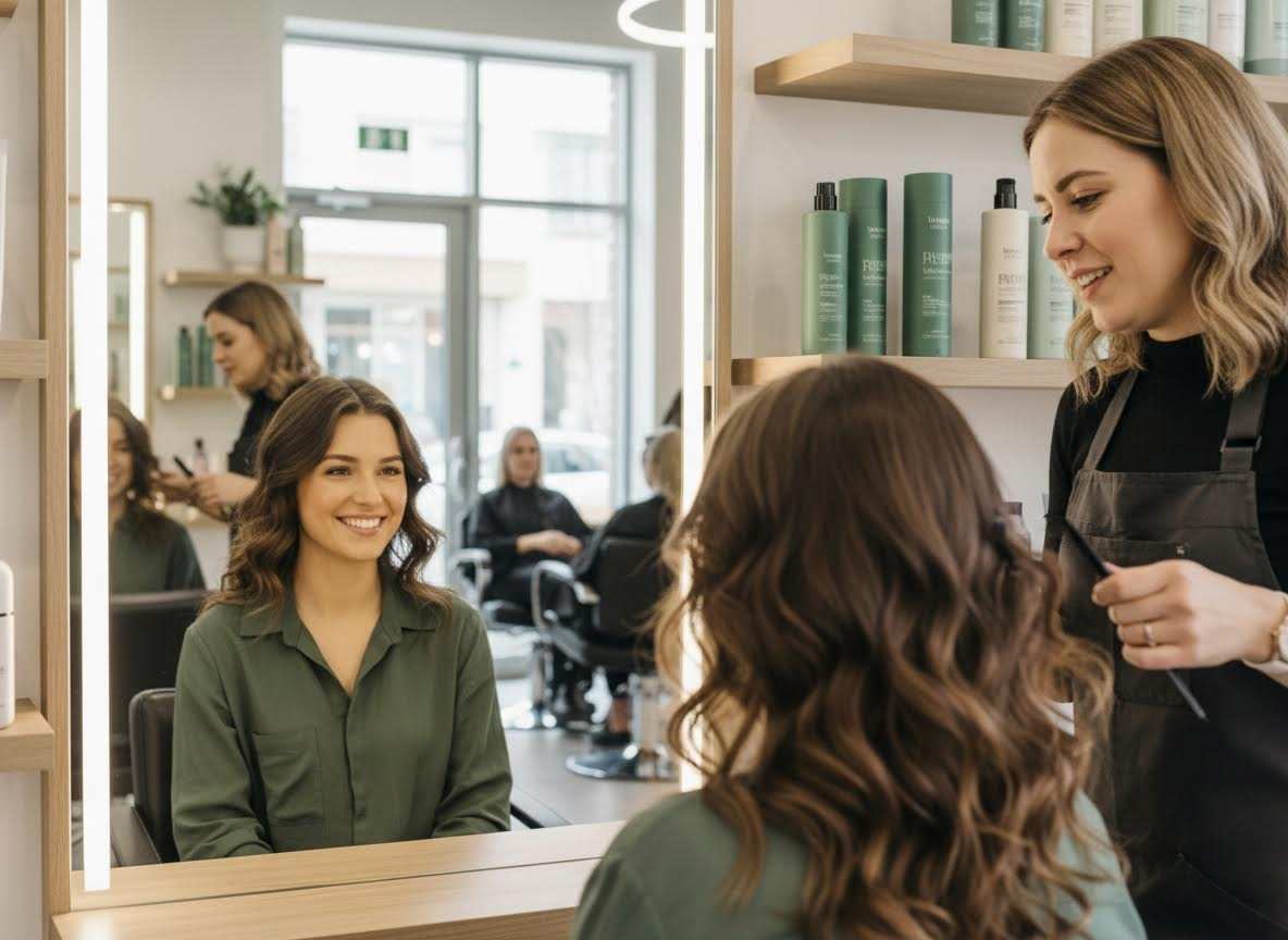 Woman smiling in a salon mirror with a stylist by her side