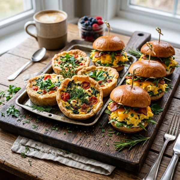 A variety of savory breakfast sandwiches and quiches arranged on a wooden platter.