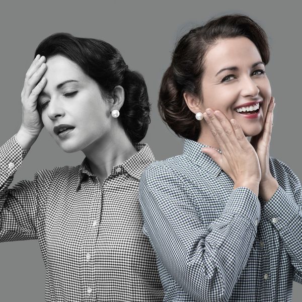 Woman looking tired compared to looking happy