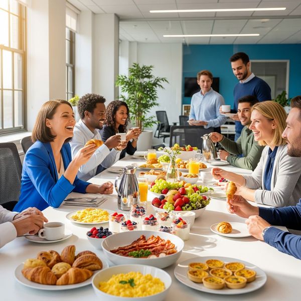 A team of happy colleagues collaborating and eating together during a morning meeting. A team of happy colleagues collaborating and eating together during a morning meeting.