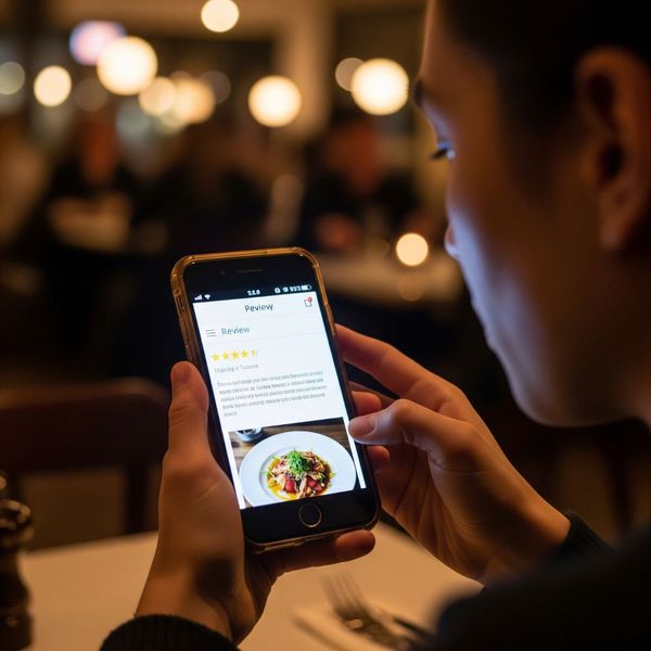 A person holding a smartphone, looking at a restaurant review.
