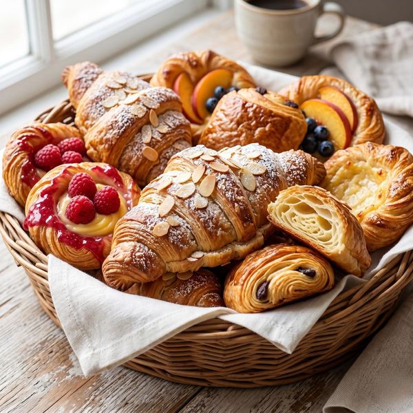 Close-up of fresh, golden brown croissants and fruit danishes in a wicker basket.