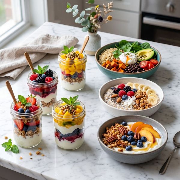 Healthy breakfast options including fruit cups and vegetarian bowls on a marble surface.