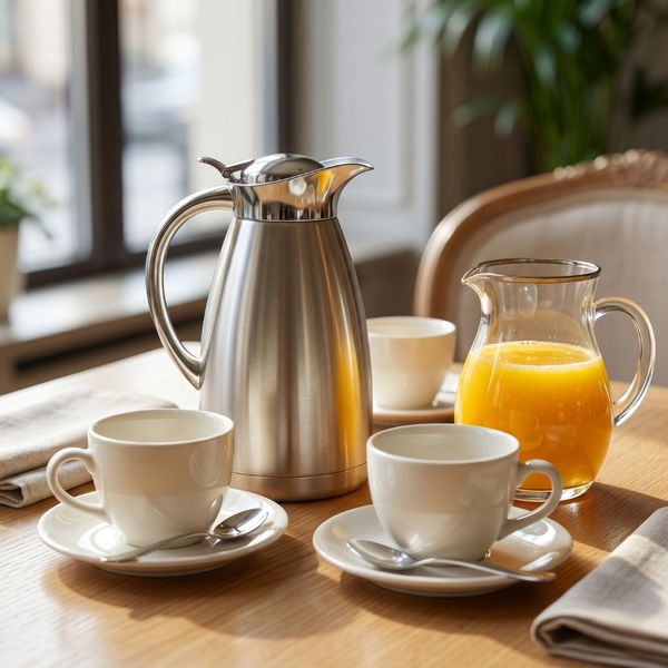 Hot coffee in white cups next to a pitcher of fresh orange juice.
