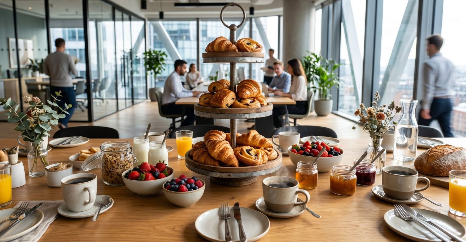 A gourmet breakfast catering spread with pastries and coffee on a white table.