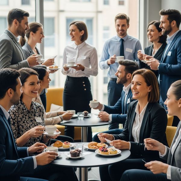 A group of diverse professionals enjoy a catered breakfast during a productive morning meeting. A group of diverse professionals enjoy a catered breakfast during a productive morning meeting.