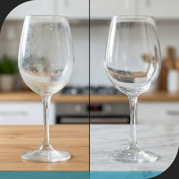 A split shot showing a wine glass with cloudy spots and residue on the left, contrasted with a crystal-clear, sparkling glass on the right, highlighting the visual difference hard water makes.