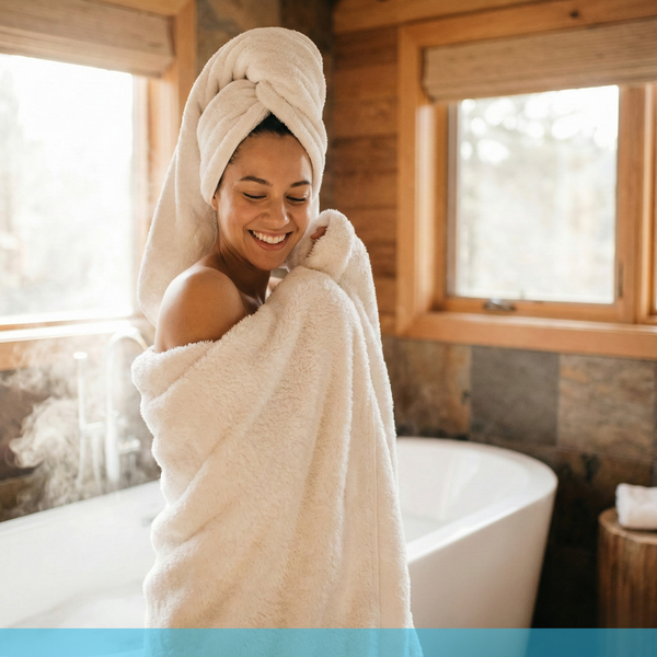A lifestyle shot of a happy woman wrapping a fluffy, soft white towel around herself after a shower, smiling to convey the comfort and luxurious feeling of soft water on the skin.