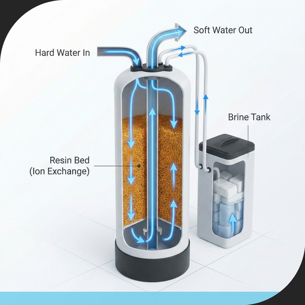 A clean, modern diagram or 3D rendering of a water softener tank, with blue arrows indicating water flow to visually explain the filtration and ion exchange process simply.