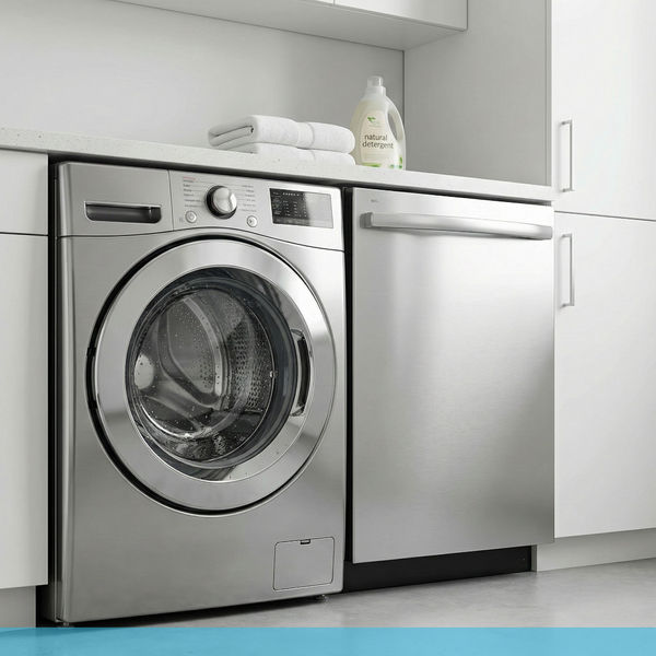 A close-up of a modern washing machine and dishwasher in a laundry/kitchen setting, looking pristine and new, symbolizing the protection and efficiency provided by soft water.