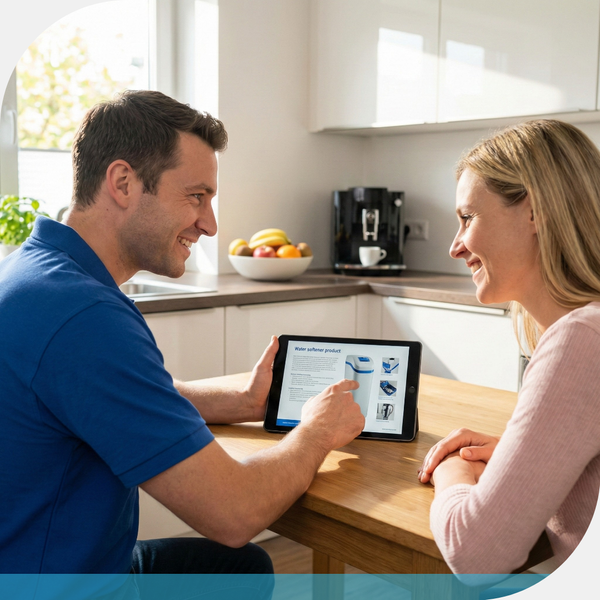 A consultant sitting at a kitchen table with a homeowner, looking at a brochure or tablet displaying different water softener options, depicting a helpful consultation scene.