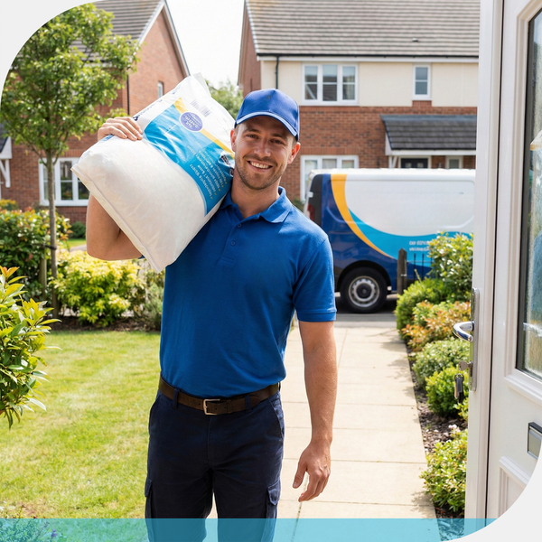 A friendly delivery driver in a Sunrush Water uniform carrying a bag of water softener salt on his shoulder, walking towards a residential front door, highlighting convenience and service.