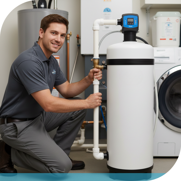 A friendly Sunrush Water technician kneeling and smiling at the camera while expertly installing a white, modern water softener system next to a water heater and washing machine in a home utility room, showcasing professional water treatment.