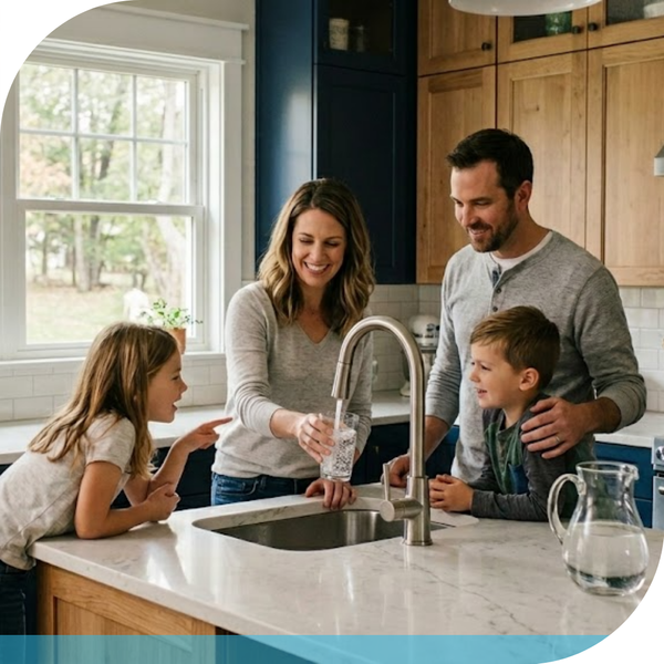 family happily pouring a fresh glass of water from the kitchen sink