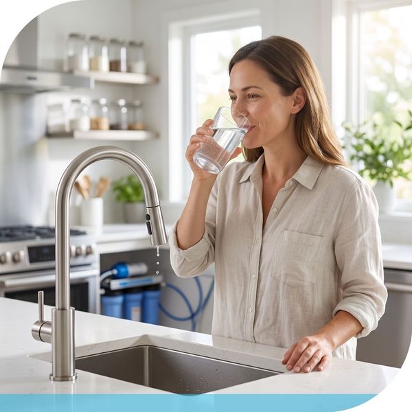 woman drinking clean water from faucet