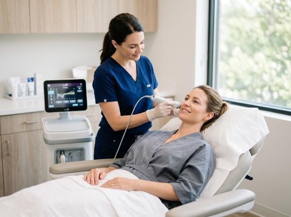 Smiling woman on a medical bed receives a cosmetic facial treatment from a professional using a device, with a display monitor nearby. Medical Aesthetician Performing Facial Procedure