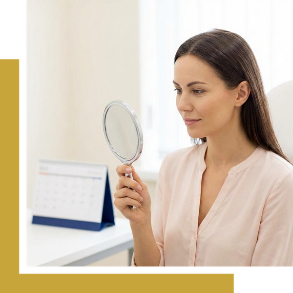 A woman holding a hand mirror and smiling at her reflection in a bright medical aesthetics clinic, representing fast-acting Dysport results.