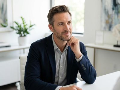 A thoughtful man in a navy blazer and grey shirt sits at a white table, hand on chin, looking away in a modern office. Professional Man Pondering