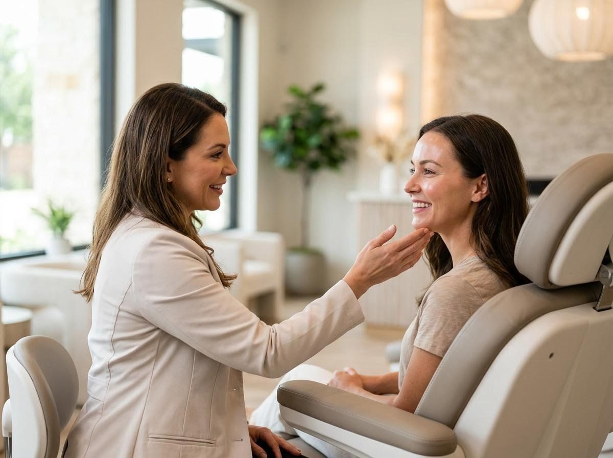 Professional examining a client's face in a modern clinic
