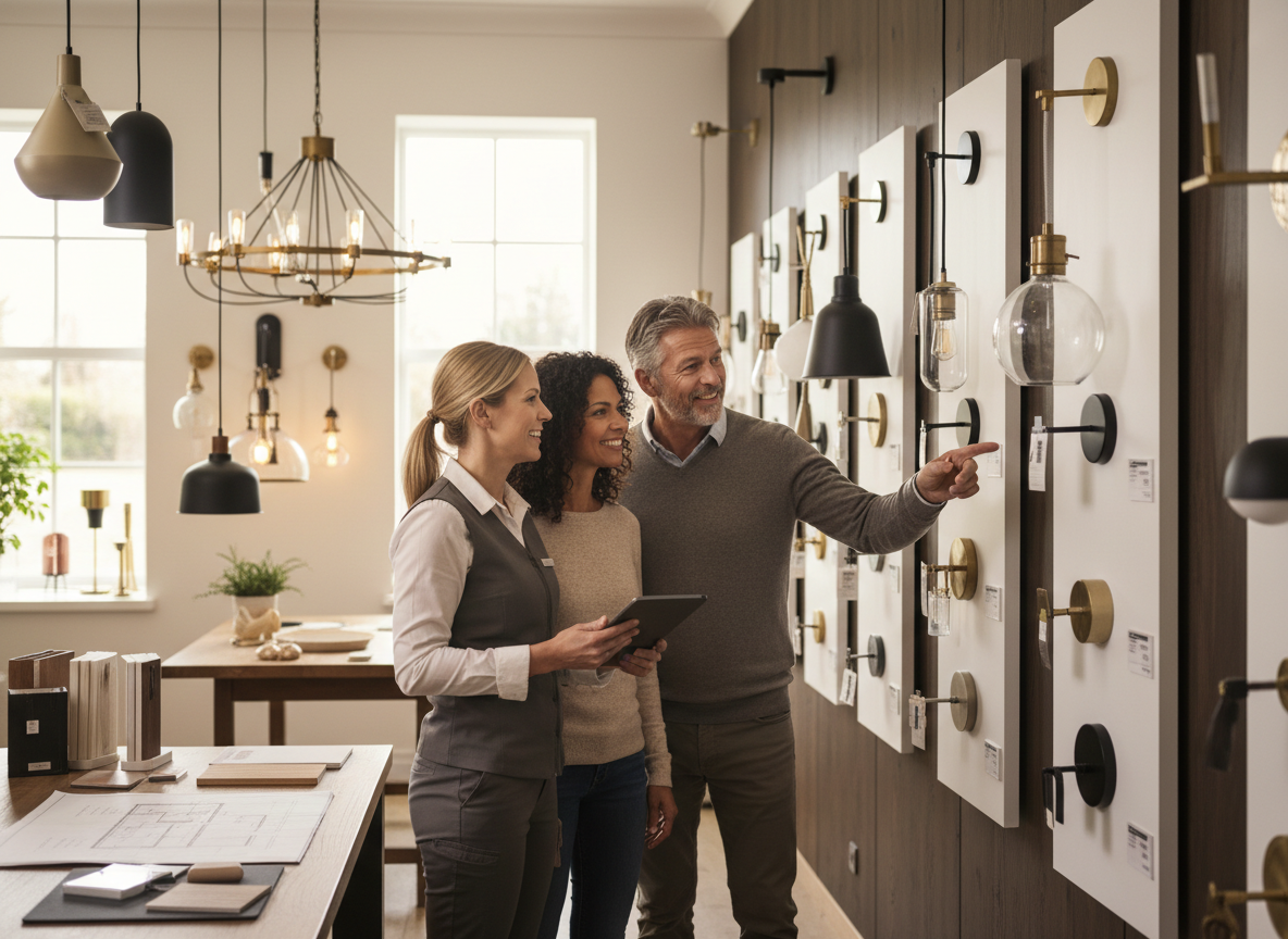 Customers browsing light fixtures with sales associate