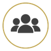 Gold circled team silhouettes icon representing client collaboration