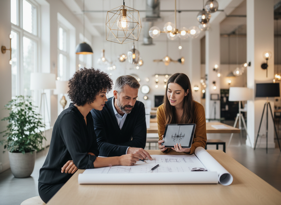Three colleagues in a lighting showroom collaboratively review architectural blueprints. One woman holds a tablet displaying a chandelier design. Design professionals collaborating on lighting plans